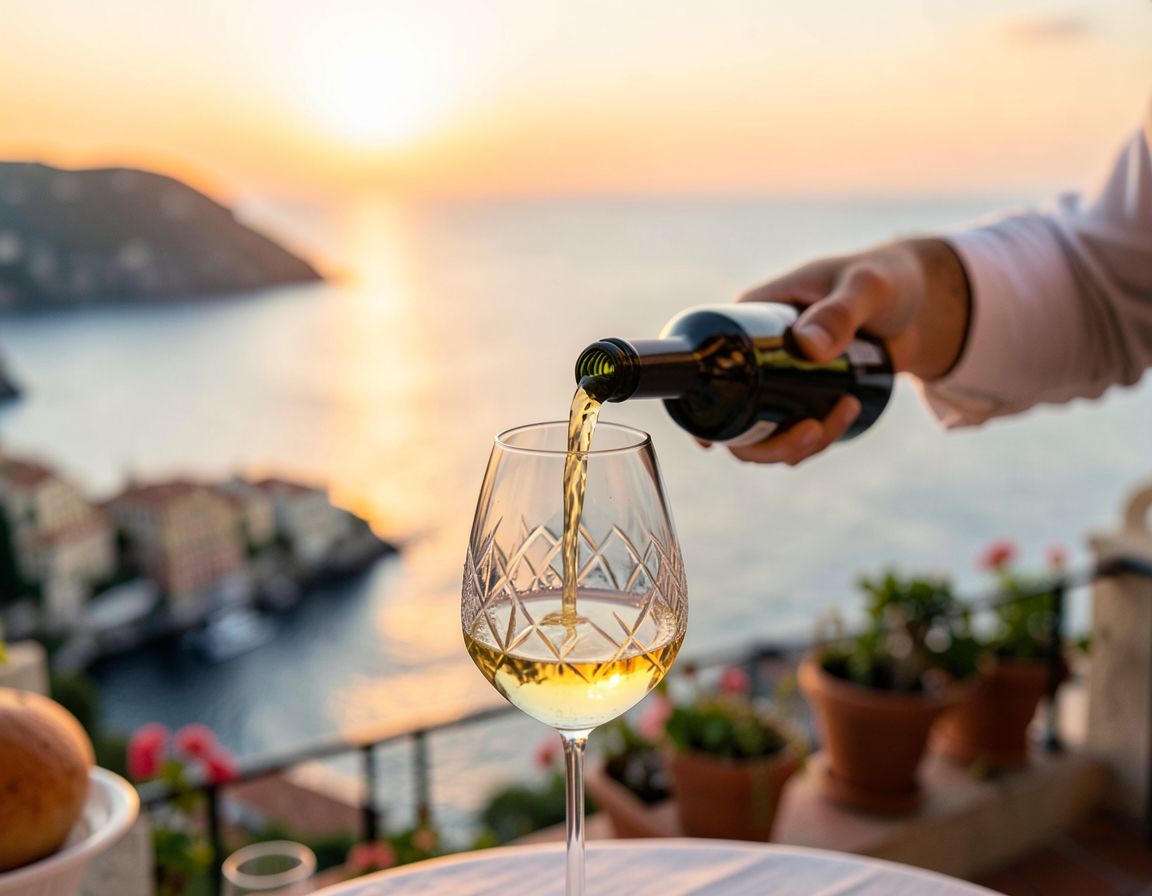 Sommelier che versa vino bianco con vista mare