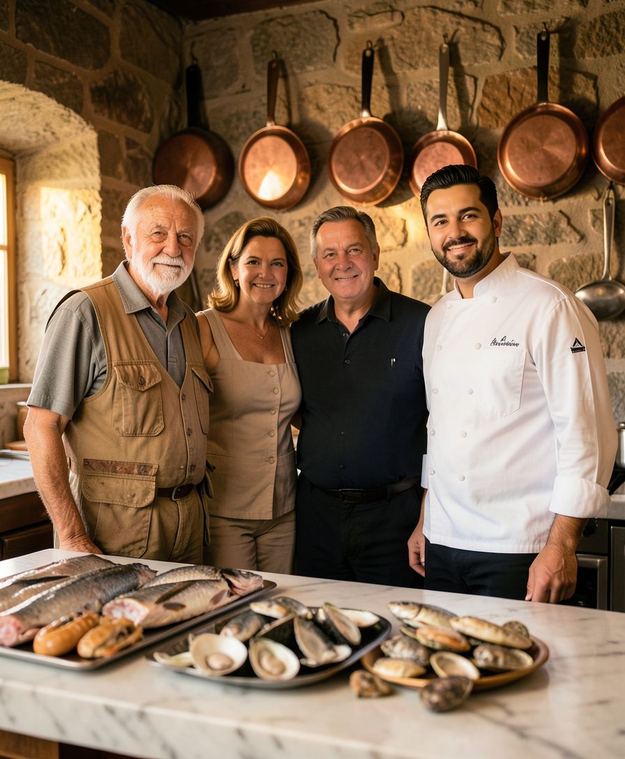 La famiglia Ferraro nella cucina della Taverna del Porto